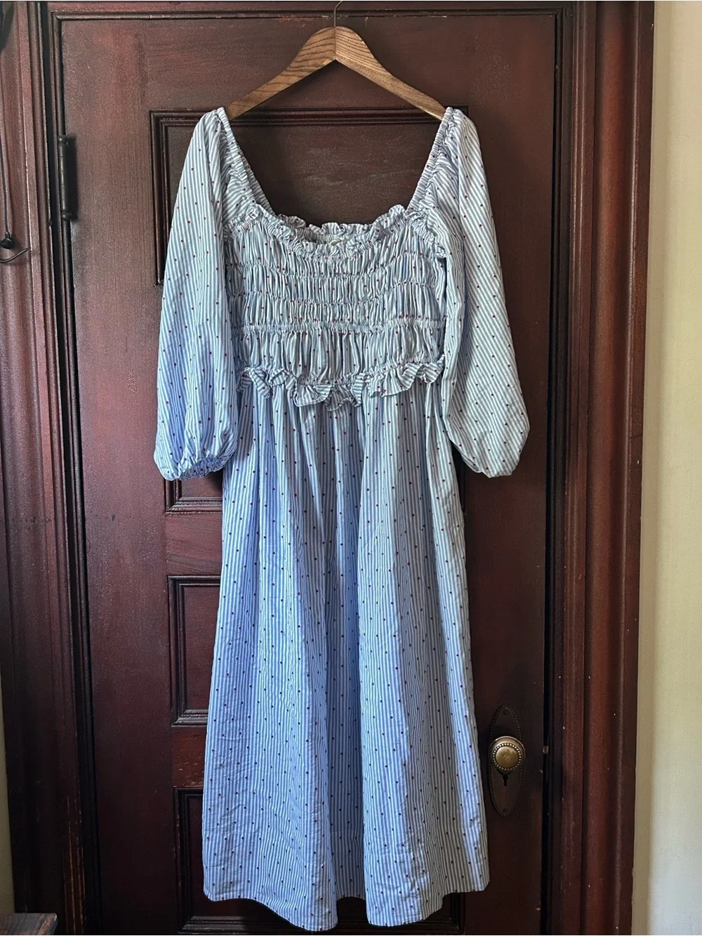 Maeve Anthropologie Smocked Striped Midi Dress Embroidered Polka Dot Size Medium - Picture 6 of 12